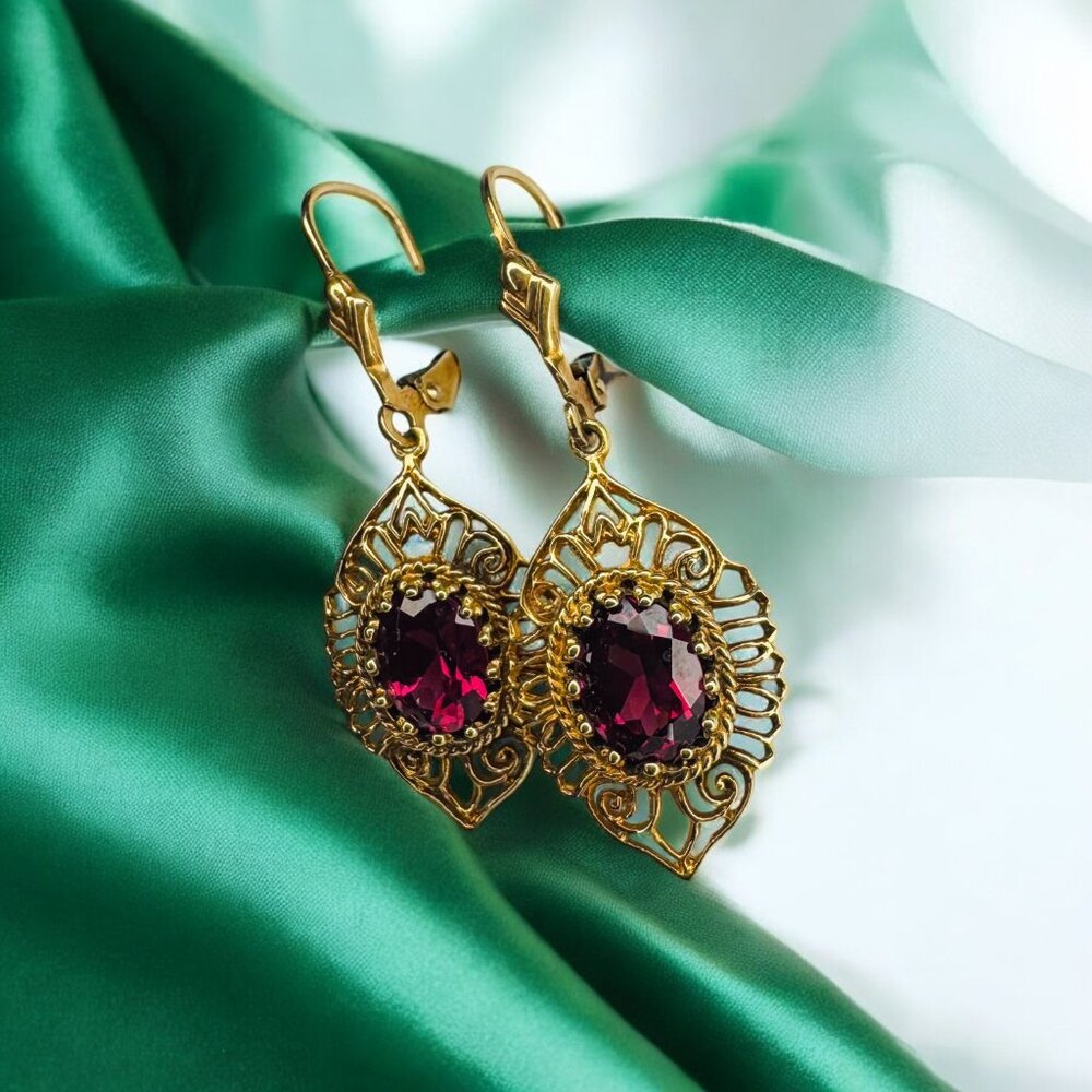 VINTAGE- 10K Gold- Natural Indian Garnet Earrings -Bohemian Filigree Dangle-3.9g - Picture 15 of 16